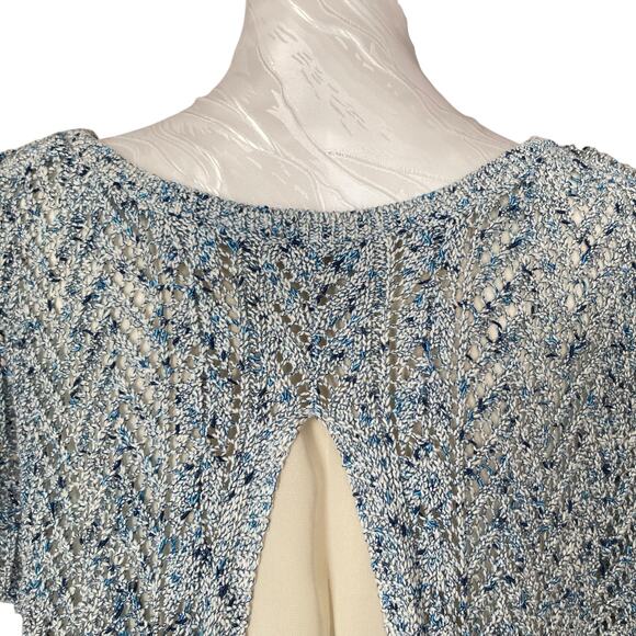 Lucky Brand Blue White Open Knit Scoop Neck Boho Knit Sweater Shirt Size Medium - Picture 6 of 16